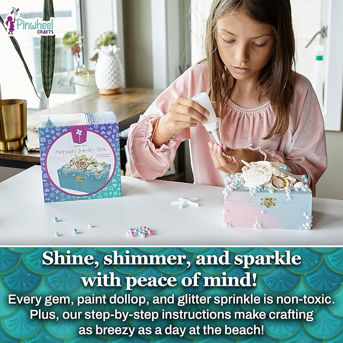 Pinwheel Crafts Mermaid DIY Jewelry Box Kit for Girls Ages 6+ - 530Pc Make Your Own Jewelry Box, DIY Craft Kits - Mermaid Craft Gifts - Painting Arts and Crafts for Girls 4-6 7 8 Years