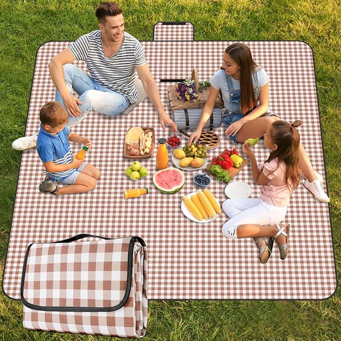Picnic Blanket Waterproof Beach Rug 80''x80'' Picnic Mat Washable Lightweight with Handle Coffee Checkered for Hiking Travelling Outdoor Camping,Parks