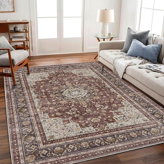 Area Rug 6'x9' Washable Vintage Traditional Floor Cover Thin Retro Kitchen Indoor Distressed Non Slip Carpet for Living Room Bedroom Dining Room