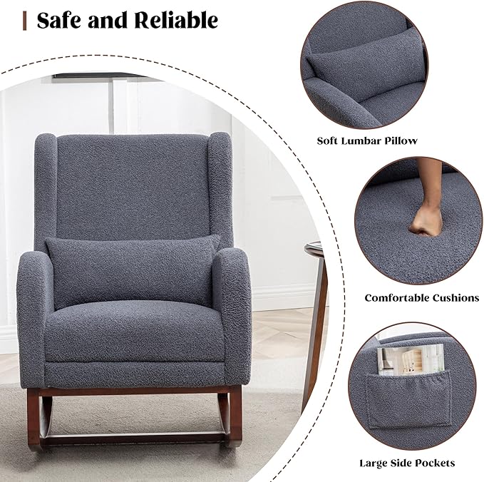 Rocking Chair Nursery,Teddy Nursery Rocking Chairs with Foot Rest, Sherpa Glider Rocker Nursing Chair with High Back for Nursing, Living Room, Bedroom, Dark Grey