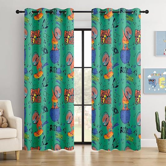 Kids Space Dinosaur Blackout Curtains - 100% Blackout, Thermal Insulated, Noise Reducing, Perfect for Kids Room and Nursery, 2 Panels (Roar Power Dino, W52×L84)