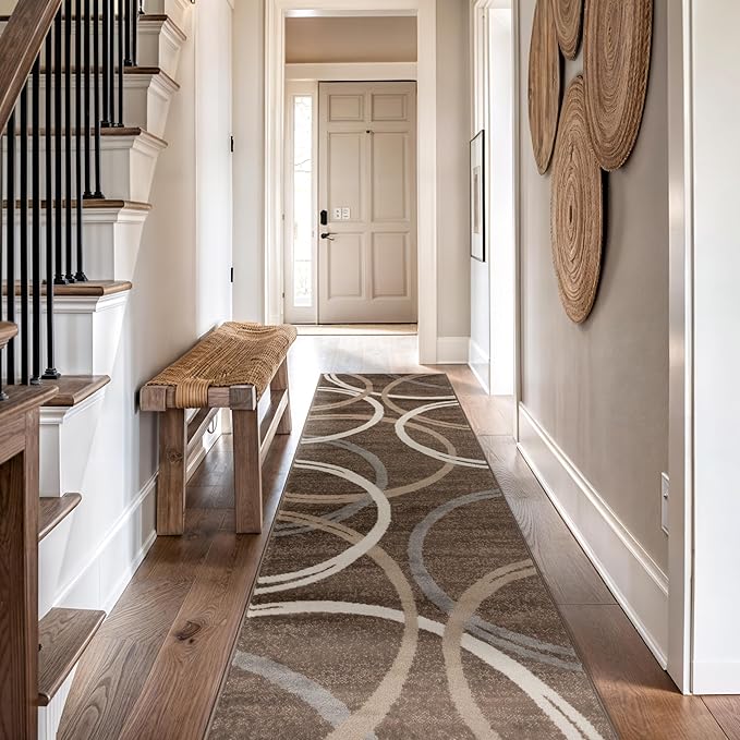 Rugshop Modern Wavy Circles Design Runner Rug 2'7" x 12' Brown