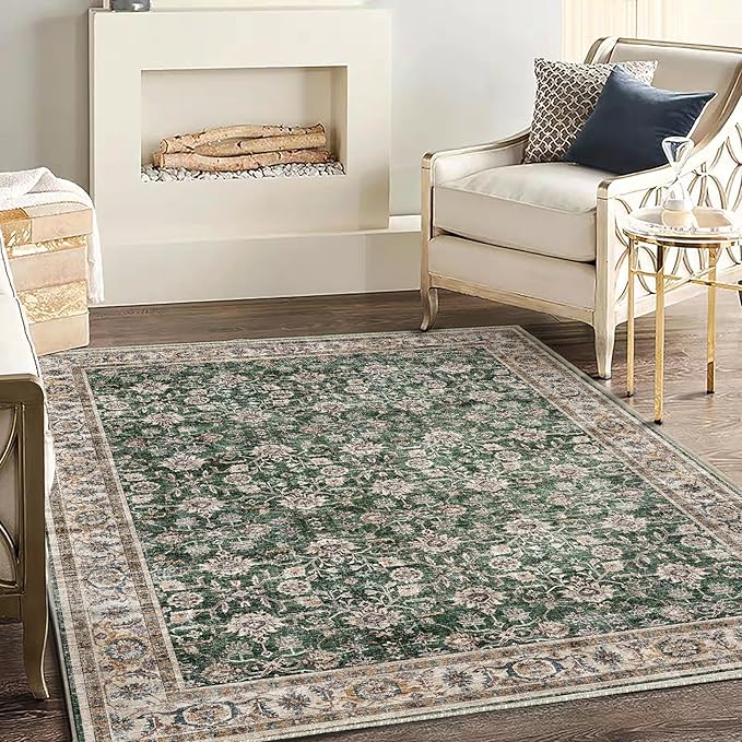 Washable Area Rug 4'x6' Vintage Traditional Floor Cover Foldable Thin Rugs Retro Kitchen Indoor Distressed Non Slip Carpet Floral Print Mat Bedroom Living Room