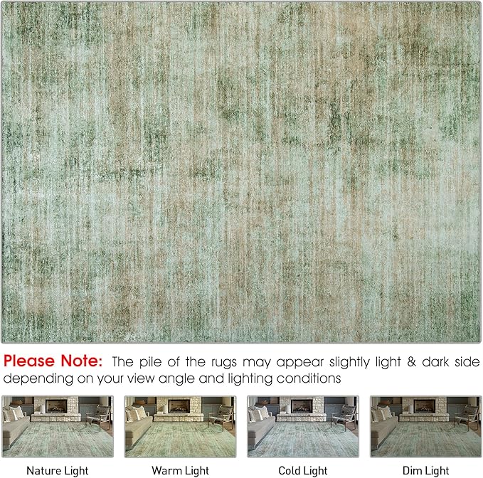 Area Rug 9x12 Washable Rugs: Abstract Large Living Room Rugs with Non-Slip Backing, Thin Carpet for Dining Room Table Bedroom Nursery Indoor Home Office-Light Green/Brown