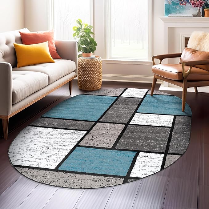 Rugshop Contemporary Modern Boxes for Home Office,Living Room,Bedroom,Kitchen Non Shedding Oval Area Rug 5' x 7' Blue