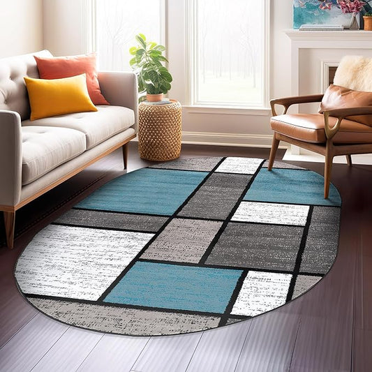 Rugshop Contemporary Modern Boxes for Home Office,Living Room,Bedroom,Kitchen Non Shedding Oval Area Rug 5' x 7' Blue