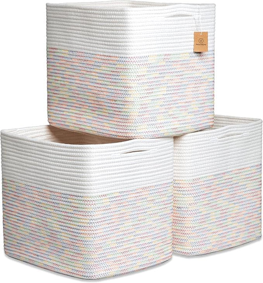 NaturalCozy 13x15x13 Kallax Storage Cubes Bins, 3 Pack | Cotton Rope Cube Storage Bin Woven Baskets for Organizing | Kallax Insert Storage Baskets for Shelves Organizer, Kids Toy, Closet Baby Nursery