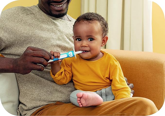 MAM Learn to Brush Set (1 Baby's Brush Toothbrush, 1 Training Brush, 1 Safety Shield), Baby Toothbrushes with Brushy The Bear, Interactive App, for Boys 5+ Months, Blue