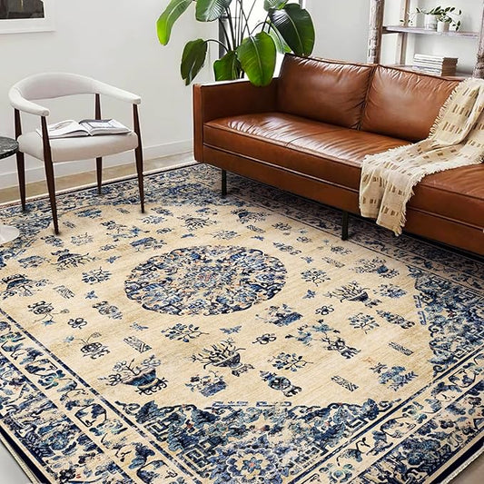Washable Area Rug 8'x10' Retro Boho Design Non-Shedding Non-Slip Easy Care Ideal for High Traffic Areas in Living Room Bedroom Office Coffee Table Kitchen Large Carpet
