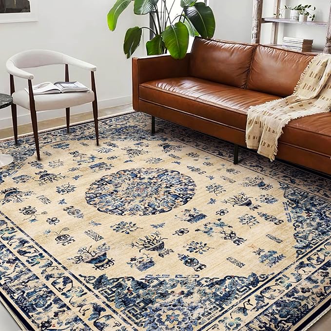 Area Rug 6'x9' Washable Vintage Traditional Floor Cover Thin Retro Kitchen Indoor Distressed Non Slip Carpet for Living Room Bedroom Dining Room