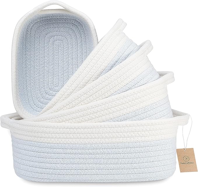 NaturalCozy 5-Piece Rectangle Storage Basket Set- Natural Cotton Rope Woven Baskets for Organizing! Small Basket for Montessori, Baby Nursery, Dog Toy Baskets, Cat Toy Box, Bathroom Organization Bin