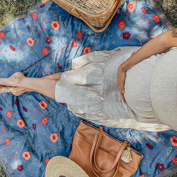 Little Unicorn 5'x5' Outdoor Family Picnic & Beach Blanket | Durable & Water-Resistant Fabric | Compact Fold & Easily Wipes Clean | Zipper Pocket (Midnight Poppy)