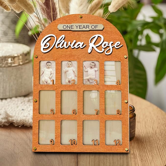 V-DECORPARKS Personalized My First Year Photo Frame | 12 Months Picture Frame For Baby First Year | Displays Twelve 2x3 Pictures | Birthday Party Decor Newborn Memory Keepsake, Style MP4