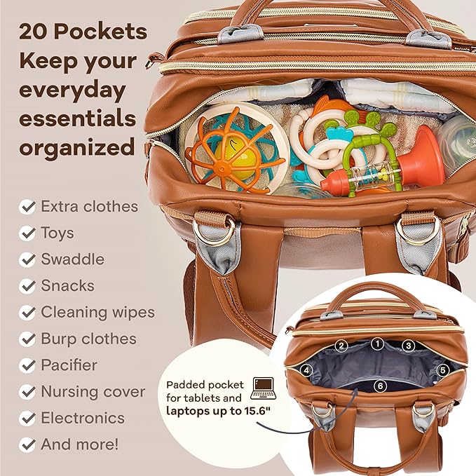 RUVALINO Diaper Bag Backpack, Multifunction Travel Pack Maternity Baby Changing Bags, Large Capacity, Waterproof, Brown