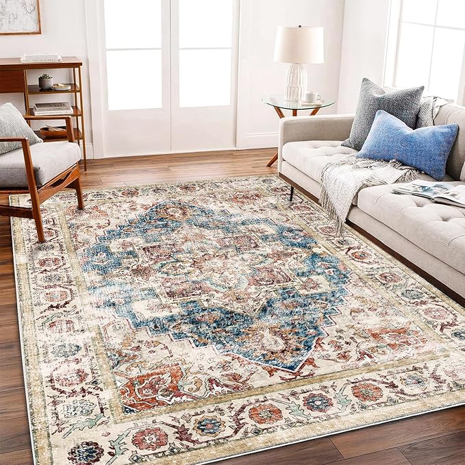 Washable Area Rug 5'x7' for Living Room Retro Beige Blue Boho Chic Medallion Distressed Design Indoor Non-Slip Large Persian Oriental Accent Throw Rug for Kitchen Bedroom Office Carpet