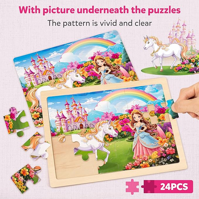 SYNARRY Large Unicorn Princess Fairy Wooden Puzzles for Girls Gift Box(12.2*9.4 in) - FSC Certified, 24 Pcs Puzzles for Kids Ages 4-6, Puzzles for Toddlers 3-5, Unicorn Toys Gifts for 3 4 5 Year Old