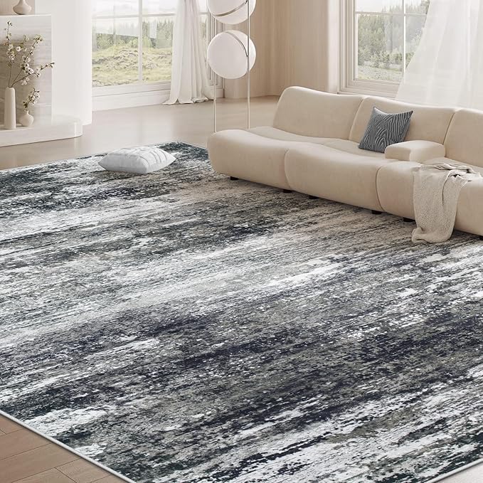 Washable Rug 9x12 Area Rugs for Living Room: Large Neutral Soft Rug Abstract Non Slip Low Pile Modern Carpet for Bedroom Kitchen Nursery Office Dining Room Indoor (Black, 9'x12')