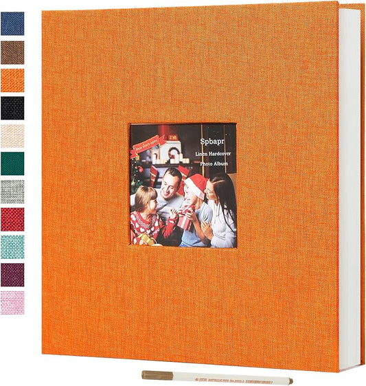 Spbapr Large Photo Album Self Adhesive 4x6 5x7 8x10 10x12 Pictures Magnetic Scrapbook 40 Blank Pages Linen Cover DIY Album with A Metal Pen Orange