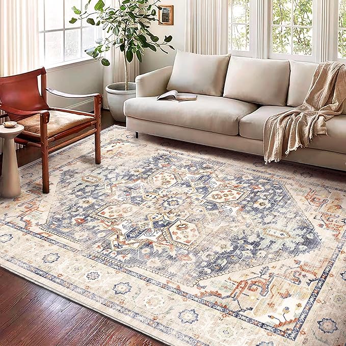 Washable Area Rug 10'x14' Blue Khaki Retro Flowers Boho Design Non-Shedding Easy Care Ideal for High Traffic Areas in Living Room Bedroom Office Coffee Table Kitchen Large Carpet