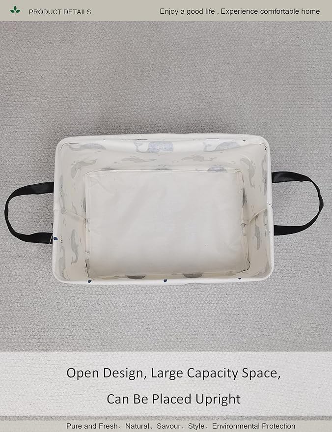 Rectangular Folding Laundry Basket,Canvas Basket,Nersury Hamper,Suitable for Children,Office,Bedroom,Clothes,Toys Storage (REC whale), 14.9’’L ×10.2’’W×9.05’’H inches