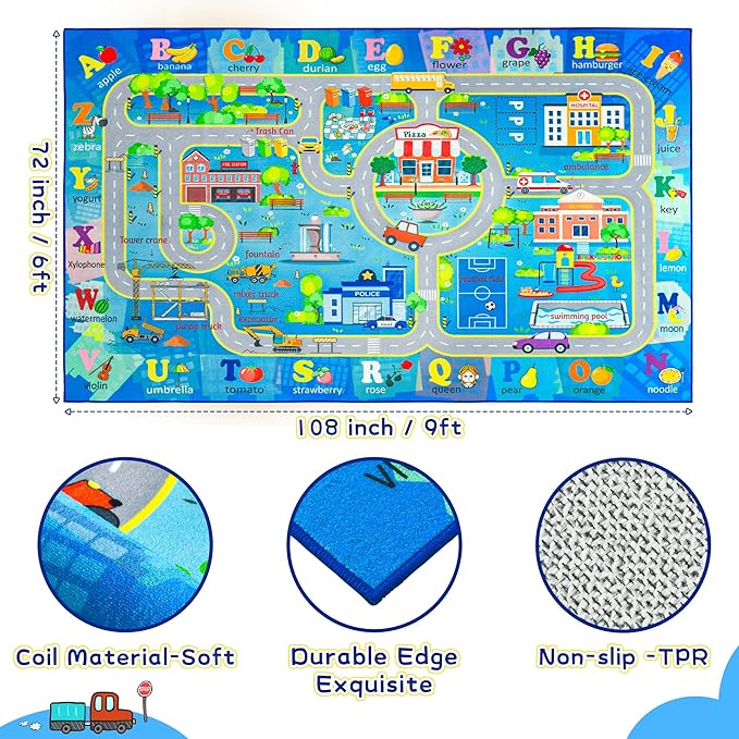 Chicrug 6x9 Car Road Area Rug for Kids Playroom Bedroom, Non Slip Low Pile Washable ABC Alphabet Carpet for Classroom, City Track Play Mat for Toddler Children Nursery Baby Room Decor, Blue