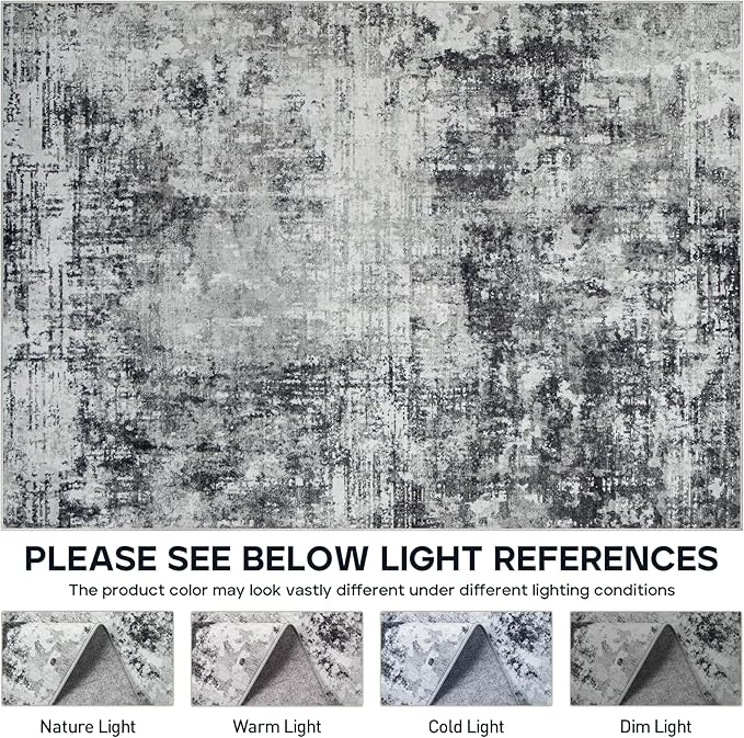 4x6 Area Rugs for Living Room Rug Washable: Modern Large Rug for Dining Room Bedroom Carpet Non Slip Low Pile 4 by 6 Indoor Abstract Nursery Home Office Black Grey