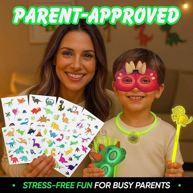 Dinosaur Party Favors Pack – Glow in the Dark Party Supplies | 6 Dinosaur Masks, 6 Bracelets, 6 Necklaces, 6 Wands, 42 Dino Glow Sticks & 80 Stickers | Birthday Classroom Halloween Trick or Treat