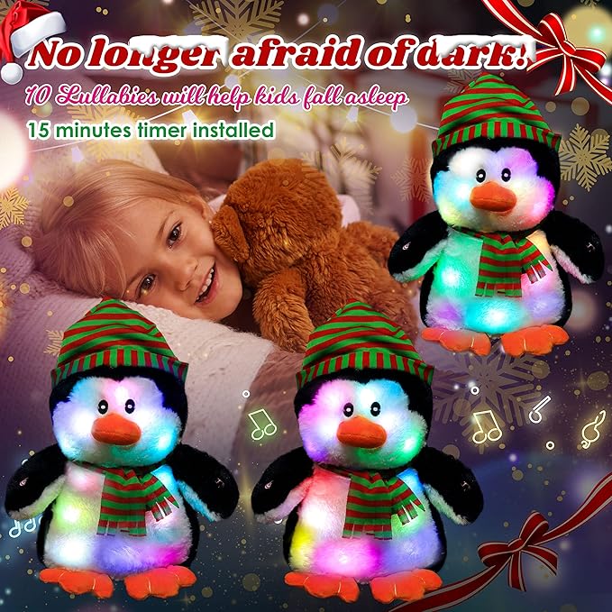 Cuteoy Light-up Singing Plush Penguin LED Musical Stuffed Animal Adjustable Volume Lullaby Plushies Birthday Christmas Toy Gifts for Kids Toddler Girls, 11"