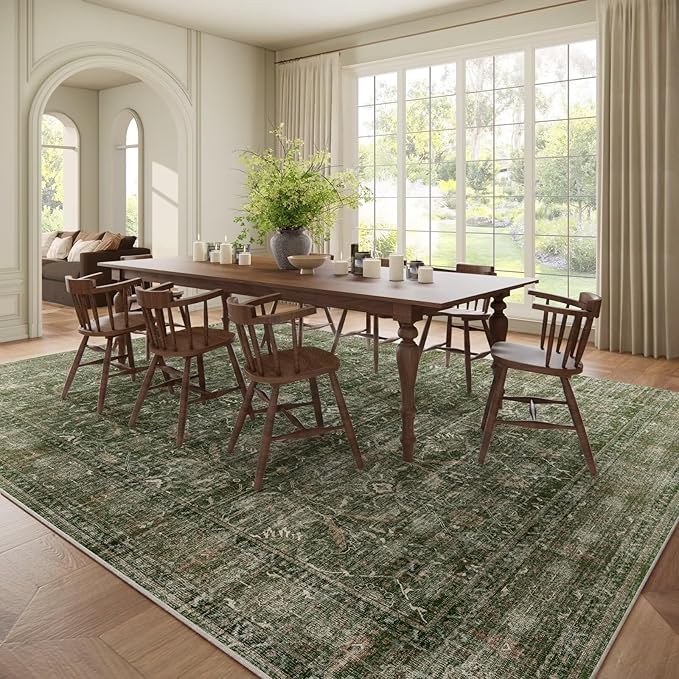 Washable 10x14 Area Rugs for Living Room, Boho Non-Slip Silicone Backing Rugs for Bedroom Dining Room Office, 0.3" Neutral Oriental Throw Carpet with 0.16" Cushioning Pad, Grass Green/Multi