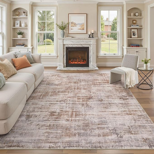 Area Rug for Living Room: 10x12 Washable Neutral Abstract Modern Soft Rugs Non Slip Indoor Floor Stain Resistant Large Carpet for Bedroom Dining Room Office Nursery - Red Brown