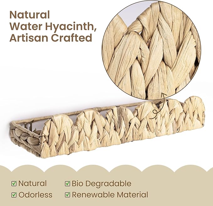 AELS Scalloped Nursery Bookshelf, Set of 2, Picture Ledge Shelf for Wall Decor, Woven Natural Water Hyacinth Floating Shelves for Books, Toys, Photo Frames, Nursery, Boho Modern Farmhouse Book Shelf