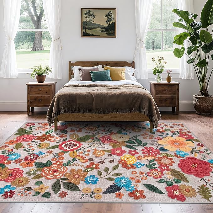 Area Rug Living Room Rugs: 6x9 Washable Rug Vintage Floral Soft Boho Non Slip Carpet Indoor Floor Non Shedding Low Pile Thin Carpets for Bedroom Dining Room Farmhouse Nursery Home Office Beige