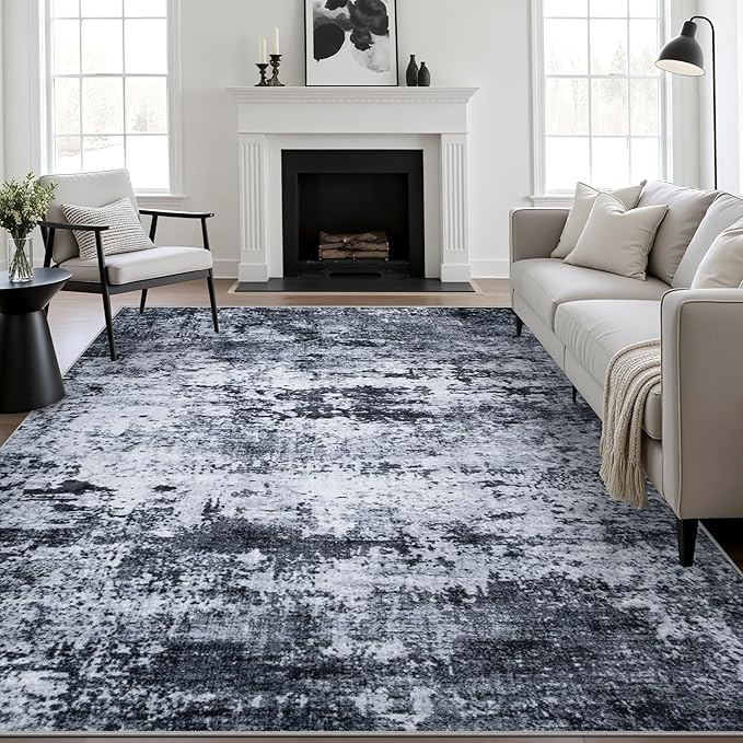 5x7 Area Rug Living Room Rug: Washable Modern Abstract Soft Thin Rug Indoor Floor No Slip Stain Resistant Carpet for Bedroom Dining Room Farmhouse Nursery Home Office - Black