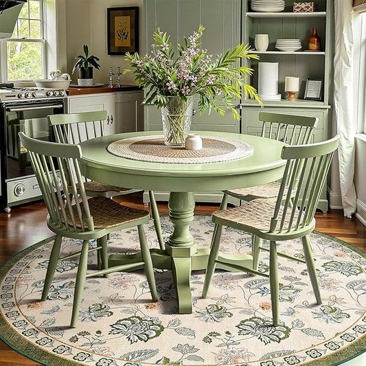 jinchan 8ft Floral Round Rug for Dining Room Washable Living Room Rug Vintage Romance Design Non Slip Indoor Floor Cover Lightweight Low-Profile Throw Carpet for Bedroom Porch Patio, Green/Beige