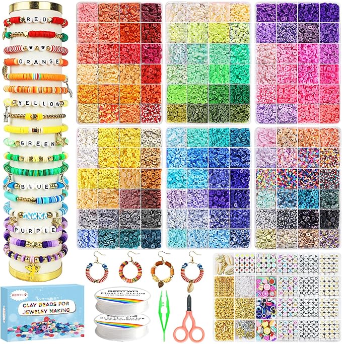 Redtwo 23200 Pcs Clay Beads Bracelet Making Kit 144 Colors 7 Boxes Flat Polymer Heishi Beads Set for Friendship Jewelry Making with Pendant Charms Crafts Gifts for Girls Ages 6-12 Kids Adults