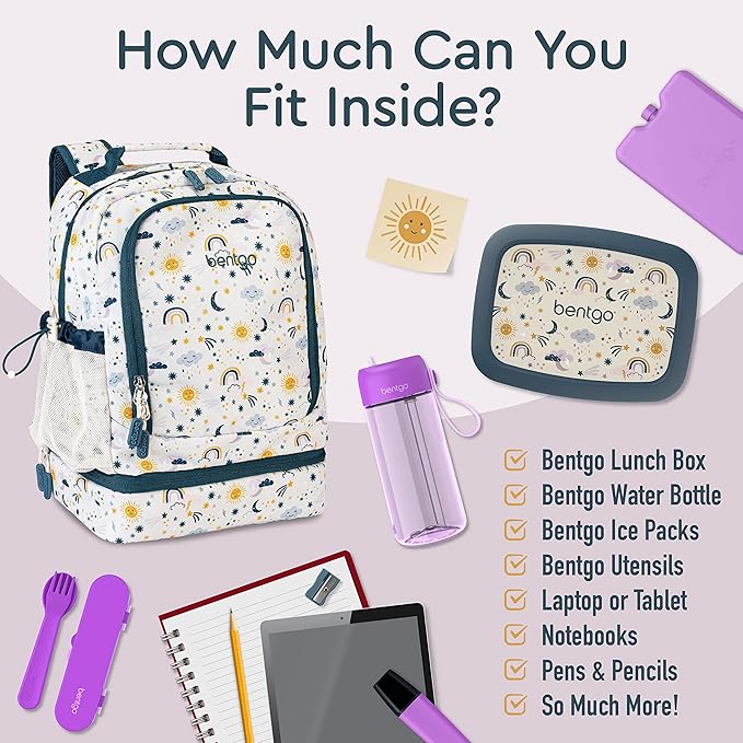 Bentgo Kids 2-in-1 Backpack & Insulated Lunch Bag - Durable 16” Backpack & Lunch Container in Unique Prints for School & Travel - Water Resistant, Padded & Large Compartments (Friendly Skies)