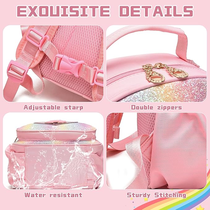I IHAYNER Kids Glitter Lightweight Backpack for School Travel & Daycare, Toddler Backpack for Girls 3+ Preschool Kindergarten Elementary Kids Backpack-Rainbow Pink S