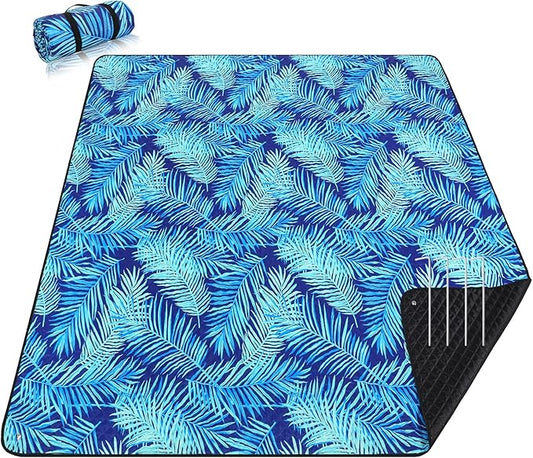 PY SUPER MODE Picnic Blankets Extra Large, Waterproof Foldable Outdoor Beach Blanket Oversized 83x79” Sandproof, 3-Layer Picnic Mat for Camping, Hiking, Travel, Park, Concerts(Blue Leaves)