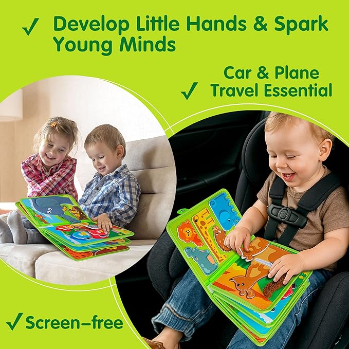 Quanquer Animals Busy Book for Toddlers 1-3 – Montessori Sensory Toys Busy Board for 1 Year Old, Educational Learning Activity Book, Quiet Travel Toy for Car & Airplane, Birthday Gifts for Age 1 2 3