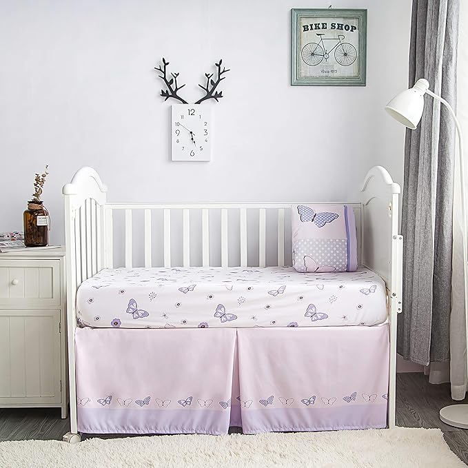 La Premura 3-Piece Purple Butterfly Baby Crib Bedding Set for Girls, Lilac Standard Size Crib Set for Baby Girl, Comforter, Fitted Sheet, and Dust Ruffle Skirt, Baby Nursery Floral Design for Girls
