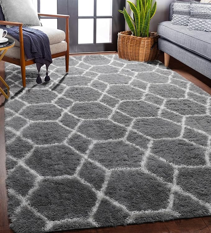 ONASAR Area Rugs for Bedroom Living Room, Washable 4x6 Fluffy Grey and White Floor Rug, Shaggy Geometric Soft Plush Fuzzy Carpet for Nursery Teen Playroom Dorm Office Home Decor Aesthetic