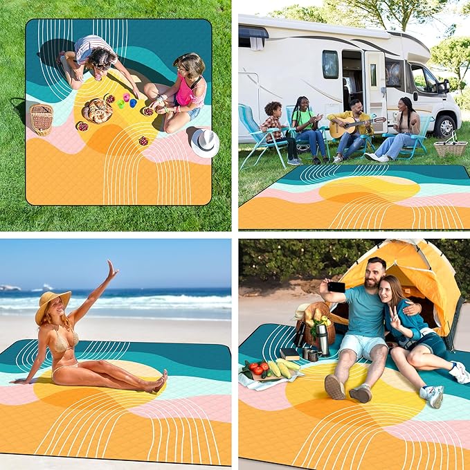 Picnic Blankets Waterproof Foldable, Extra Large 79"x79" Beach Blanket Waterproof Sandproof, 3-Layer Polyester Foldable Portable Outdoor Mat for Park, Camping, Travel, Grass Lawn- Afterglow Rainbow