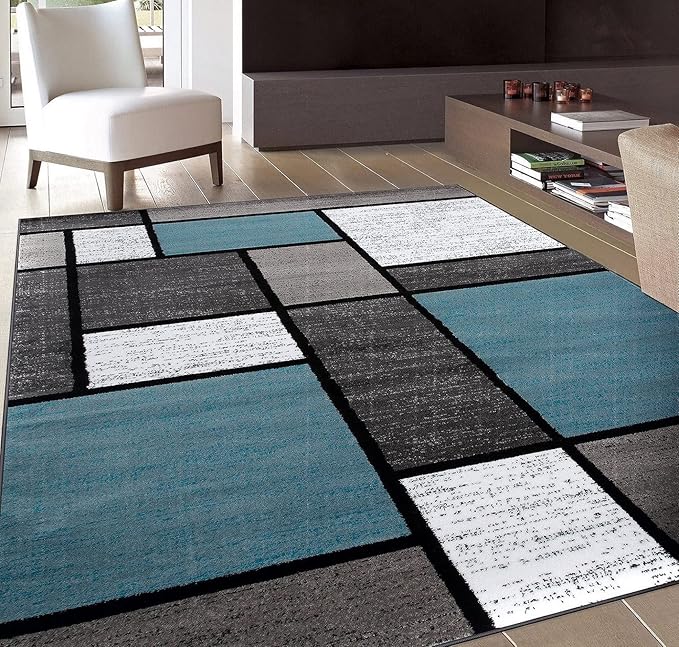 Rugshop Contemporary Modern Boxes for Home Office,Living Room,Bedroom,Kitchen Non Shedding Area Rug 5' 3" X 7' 3" Blue/Gray