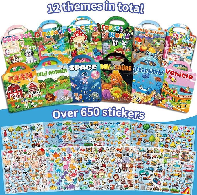 12 Set Reusable Sticker Books for Toddlers 2-4 1-3, Kids 3D Puffy Sticker Activity Books, Birthday Party Favors Goodie Bags Stuffer
