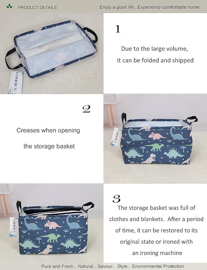 Rectangular waterproof laundry basket,foldable storage basket,laundry Hampers with handle,gift basket,suitable for children's room and toy storage (Blue Dinosaur)