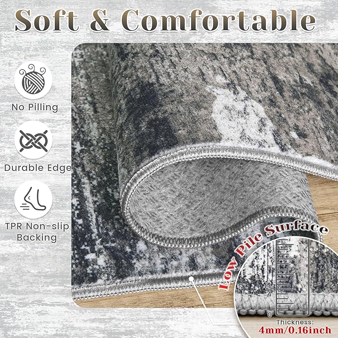 Washable Rug 6x9 Area Rugs for Living Room: Neutral Soft Rug Abstract Non Slip Low Pile Modern Carpet for Bedroom Kitchen Nursery Office Dining Room Indoor (Black, 6'x9')