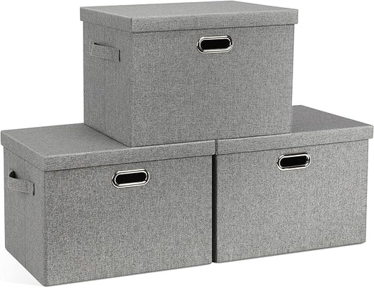 Large 17" 36 Quart Collapsible Stackable Storage Bins with Lids, 3 Packs Grey Linen Fabric Closet Boxes with Lids, Storage Cube Baskets Container Organizers for Bedroom Office(17 x12 x11)