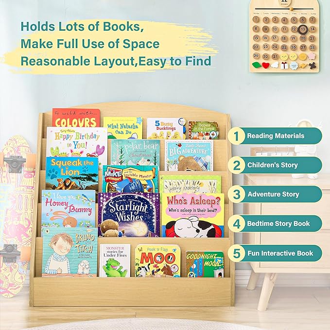 TOETOL 5-Tier Kids Bookshelf - Toddler Book Display Shelves for Classrooms, Playrooms, and Nursery - Wooden Children Book Rack (Natural)