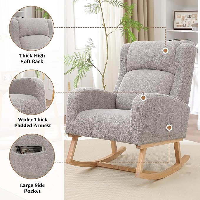 Rocking Chair Nursery, Nursing Rocking Chairs for Mom Nursery, Comfy Wingback Glider Rocking Armchair with Side Pocket for Nursery Living Room Bedroom, Teddy Light Grey