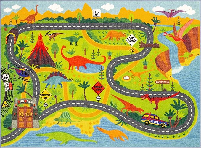 KC Cubs 3x5 Dinosaur Toy Car Dino Road Rug – Educational Play Mat Carpet for Kids, Toddlers, Nursery, Classroom, Playroom, Baby Daycare, Boys & Girls